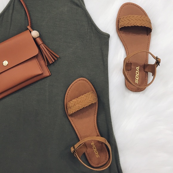 Tan Braided Flat Ankle Strap Sandals - Picture 6 of 8